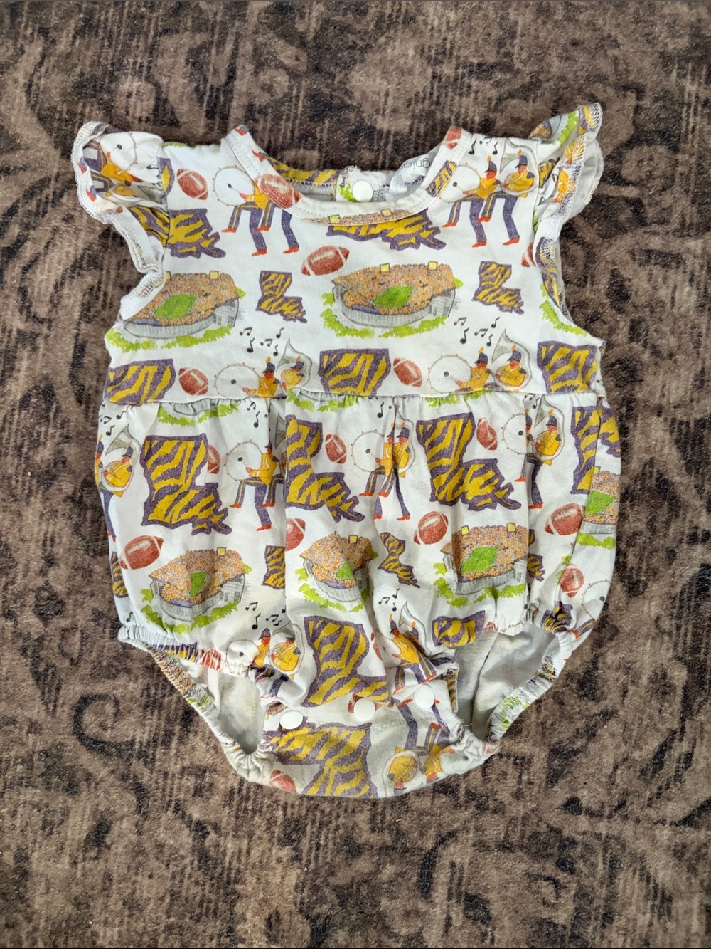 Baby Girls' White LSU Football Print Ruffle One-Piece Bodysuit